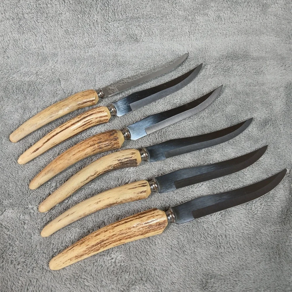 Vintage Voos Steak Knife Set 6pc Stag Handle Style Dining 1954 Dated Mid Century